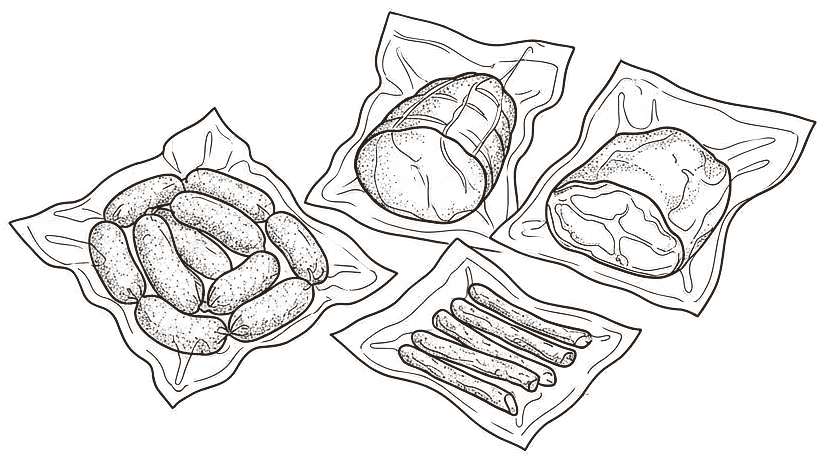 Line drawing of vacuum-sealed sausages and cuts