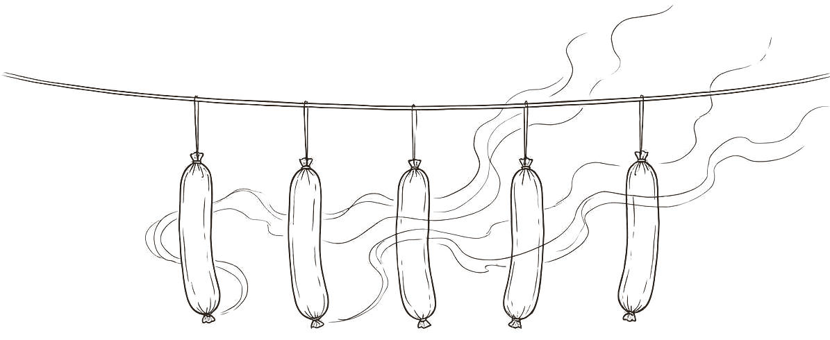 Line drawing of sausages hanging from a line in drifting smoke