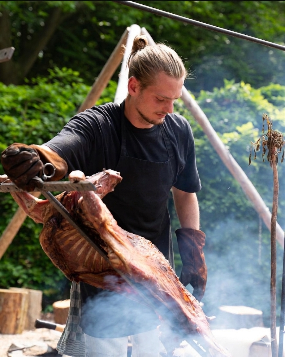 Philipp handling a whole animal over open fire at De Vuurplaats, Netherlands