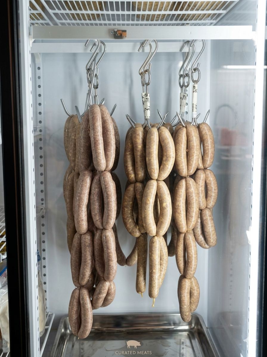 Käse Krainer sausages hanging in the curing cabinet at Red Thorn Farm